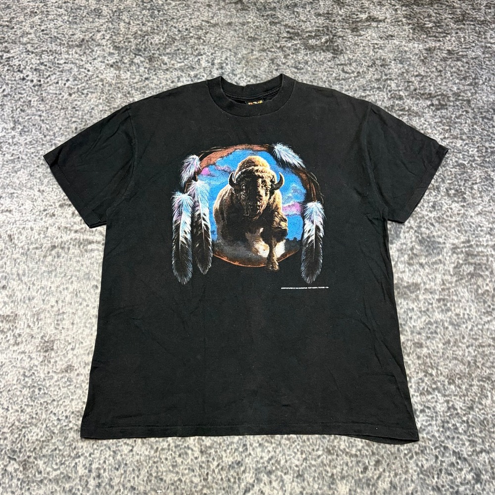 VTG 3D Emblem Bison T Shirt Mens Large Black Tribal Western Biker 90s Graphic